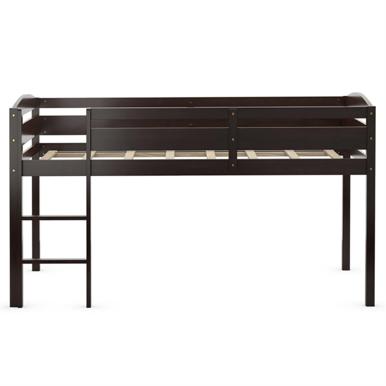 Demi Bonn Loft Bed Twin Size, Solid Wood Low Loft Bed with Guard Rail and Ladder, Modern Wooden Loft Bunk Bed Frame, Brown