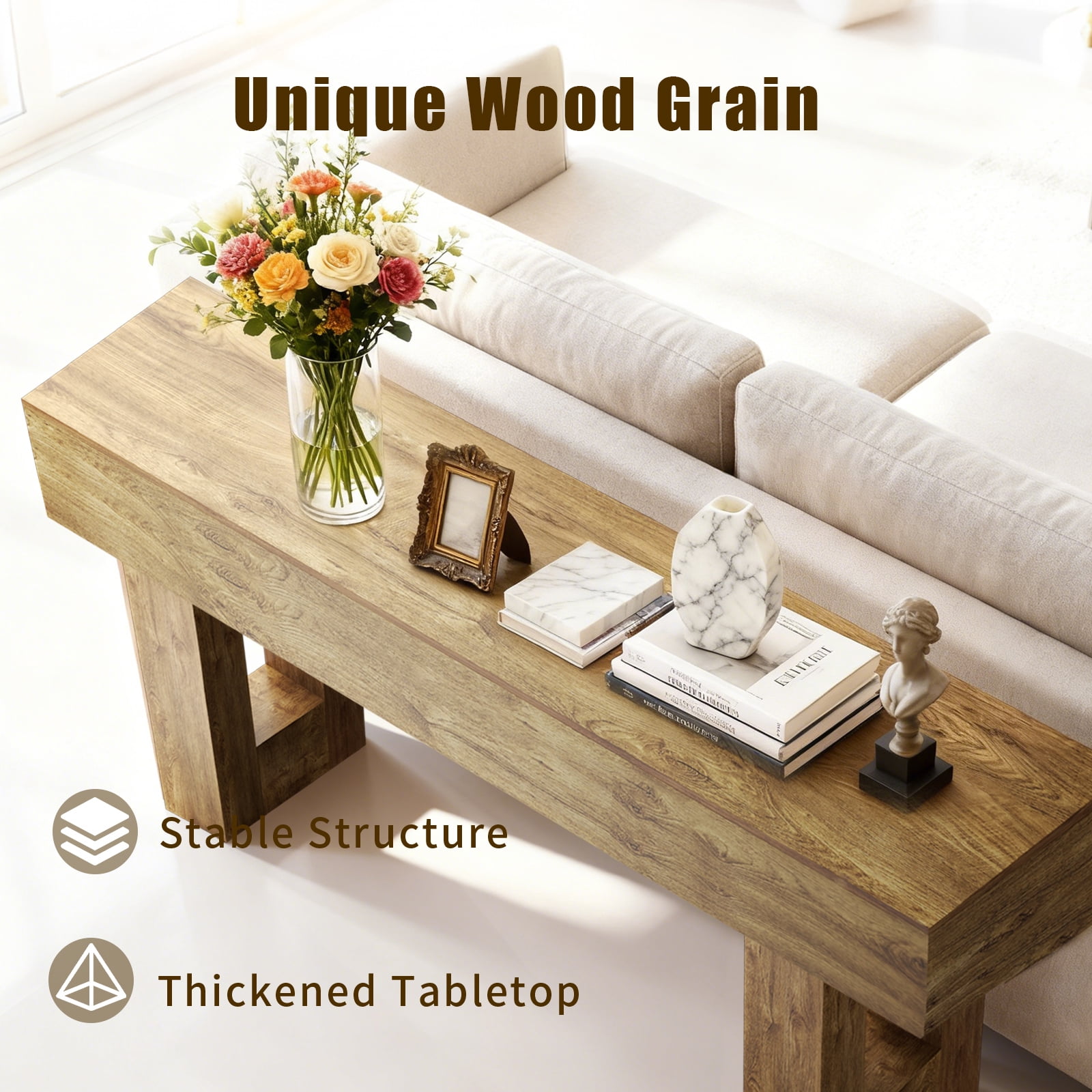 Hommoo Console Table, Farmhouse Entryway Table, Multifunctional Wooden Rectangular Sofa Table for Entrance, Hallway, Living Room, Foyer, Natural