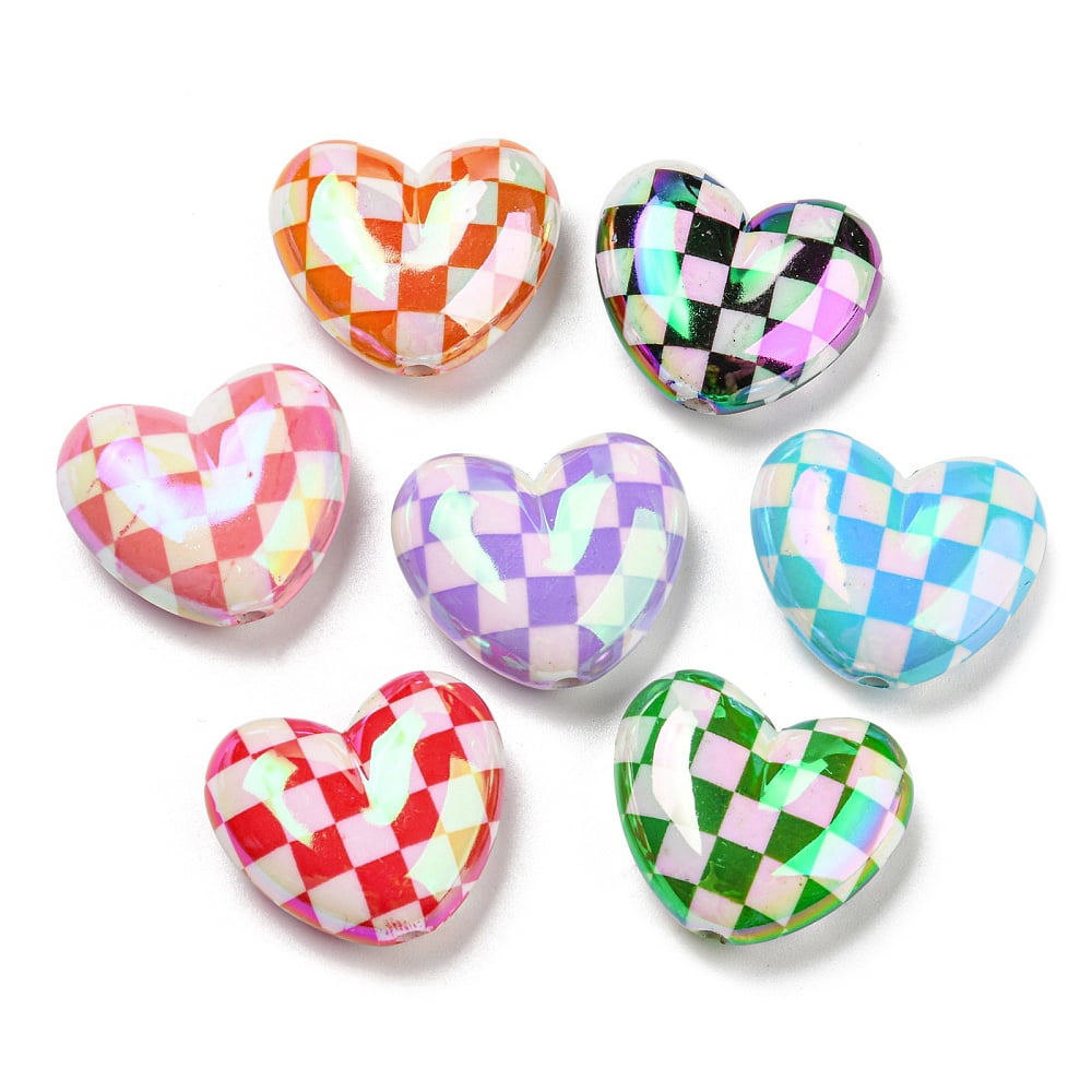 100pcs UV Plating Opaque Acrylic Beads Iridescent Plaid Heart Mixed color 21x25x9.5mm Hole: 2.2mm
