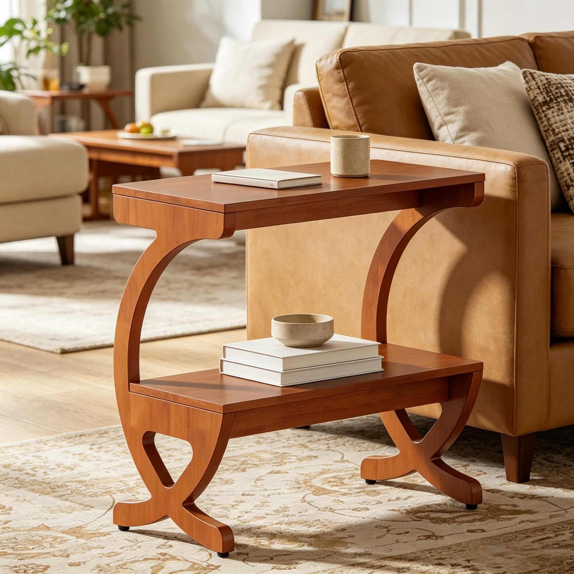 Solid Wood 2-Tier Narrow Side End Table, Slim Space Saving Sofa Side Nightstand with Open Storage Shelves, Stable Rubber Wood Frame Easy Assembly for Living Room Bedroom Entryway