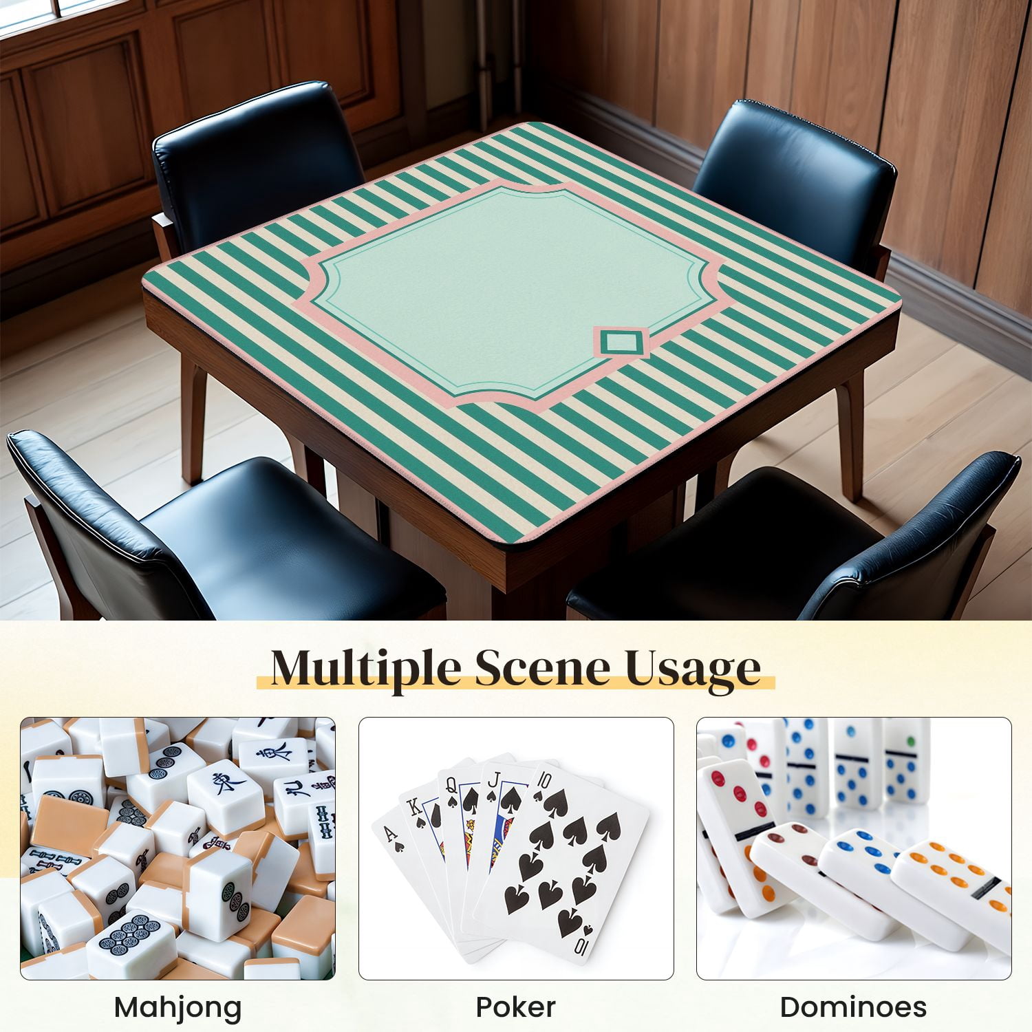 Mahjong Mat 31.5" x 31.5" Soft Pink Green Stripes Geometric Border Anti-Slip and Noise Reduction Symmetry Design Mahjong Tiles Table Cover for Dominoes Poker Card Board and Tile Games