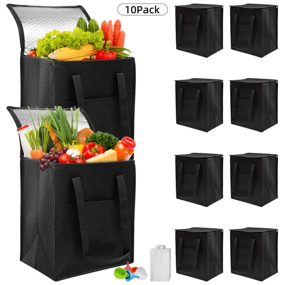 Sentryse 10-Pack Insulated Grocery Bags with Zipper, Large Reusable Cooler Bags for Frozen Food, Grocery Shopping, Meal Transport, Picnic & Travel   40 Ice Packs & 5 Funnels