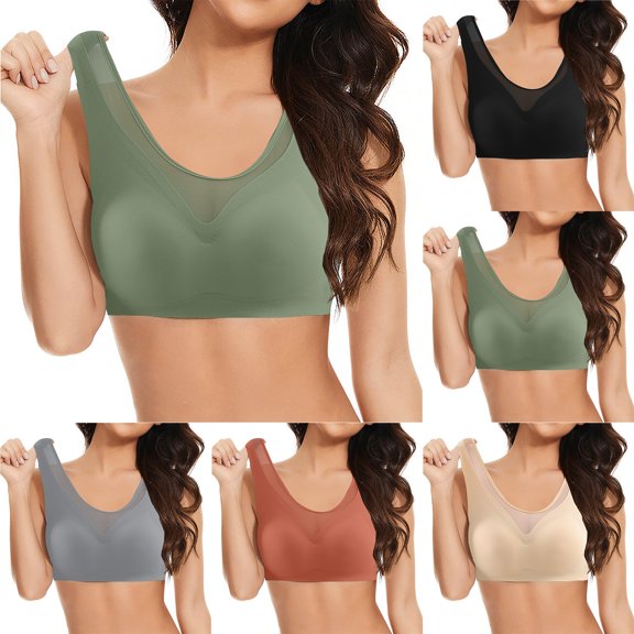 Gymayou Women Thin Breathable Seamless Wireless Bra V Mesh Beauty Back Fixed Molded Cup Vest Style Lingerie Sleep Bras Beige L