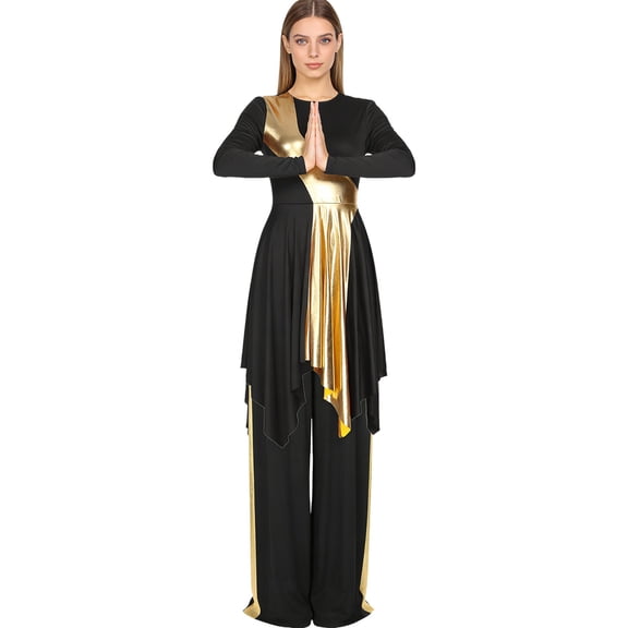 Aislor Women's Praise Liturgical Outfits Metallic Asymmetrical Hem Worship Dance Dress With Wide Leg Pants Black M