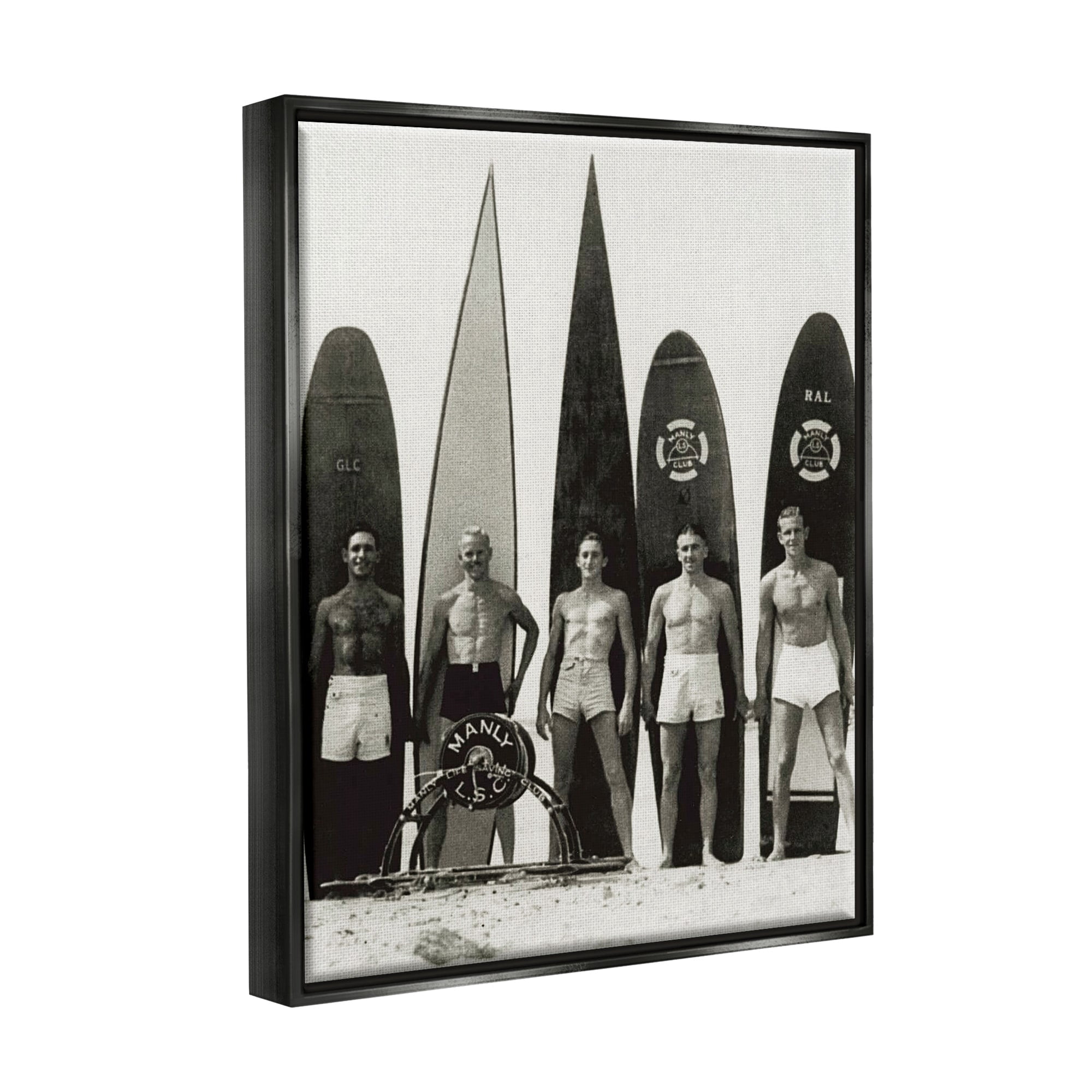 Stupell Industries Vintage Photography Men Surfer Surfboards Beach Sport Photograph Jet Black Floating Framed Canvas Print Wall Art, Design by Graffitee Studios