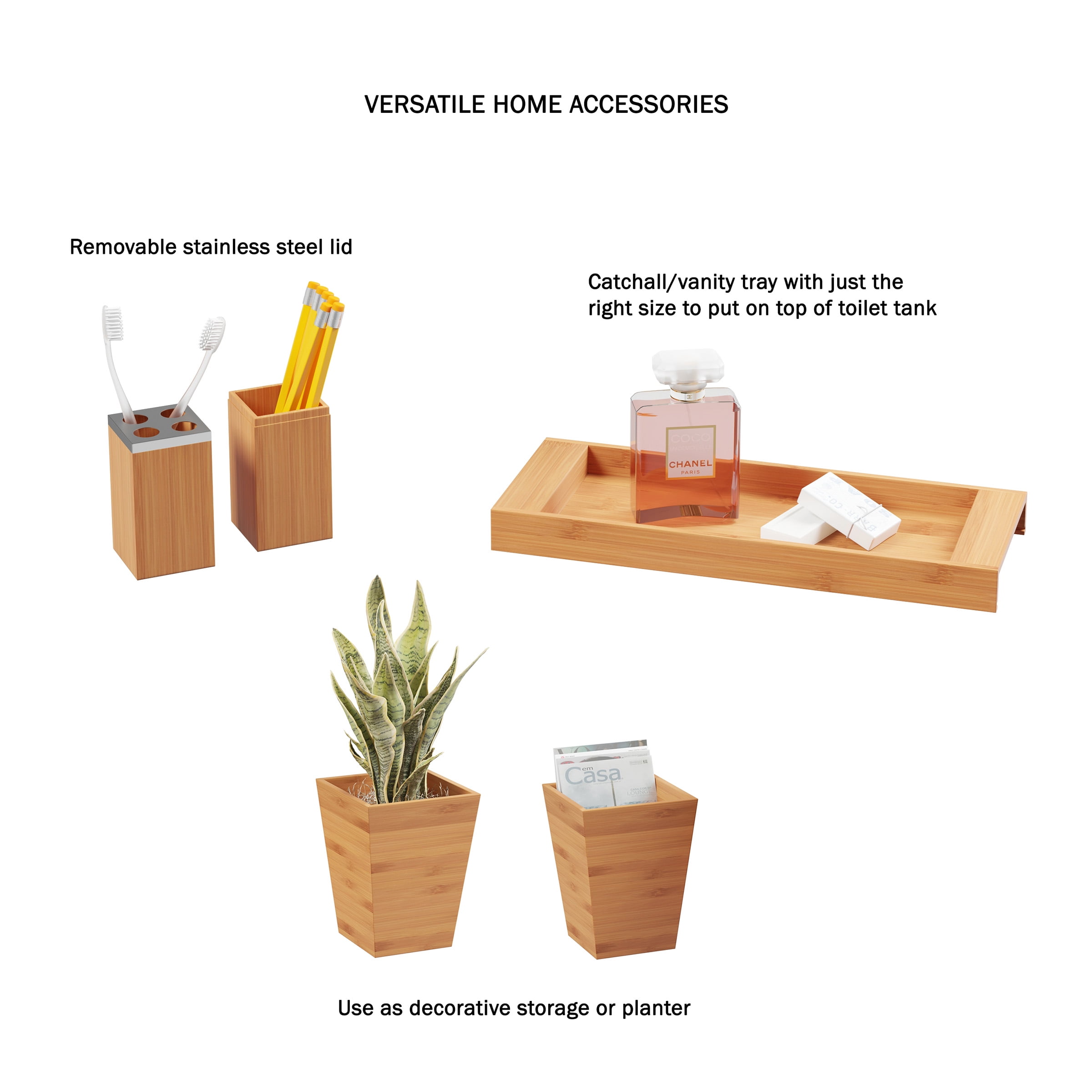 Lavish Home 5-Piece Bathroom Decor Accessory Set with Trash Bin (Natural)