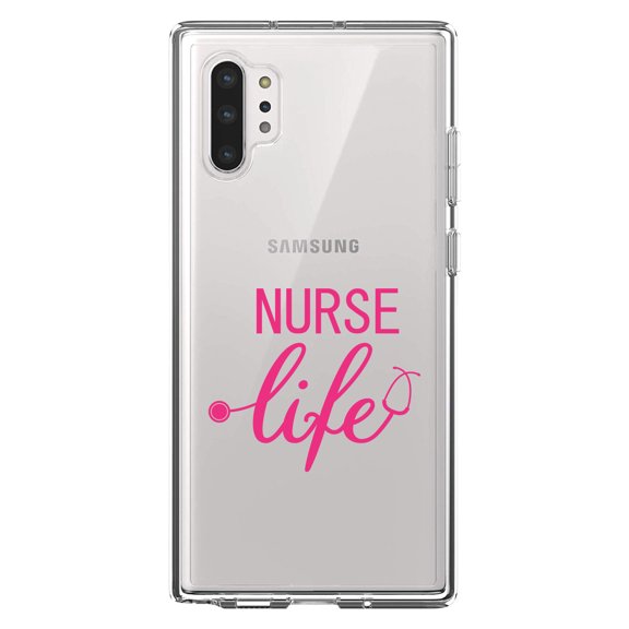 DistinctInk Clear Shockproof Hybrid Case for Galaxy Note 10 PLUS (6.8" Screen) - TPU Bumper Acrylic Back Tempered Glass Screen Protector - Nurse Life Stethoscope Pink