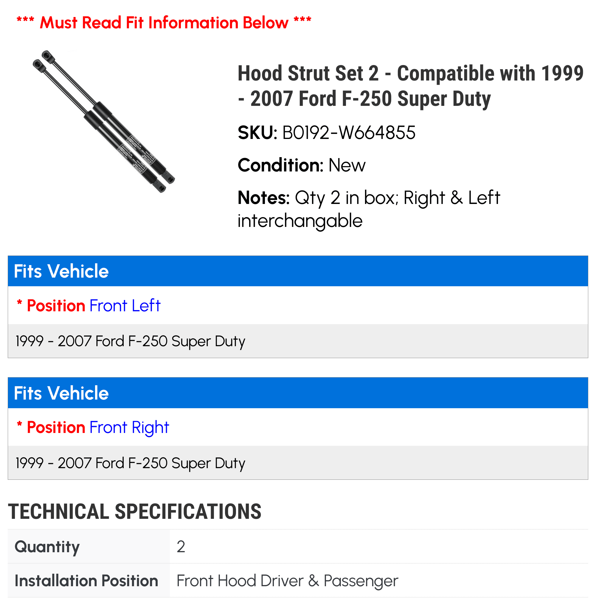 Hood Strut Set 2 - Compatible with 1999 - 2007 Ford F-250 Super Duty - Autopart Premium