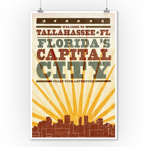 Tallahassee, Florida Skyline & Sunburst Screenprint Style Lantern