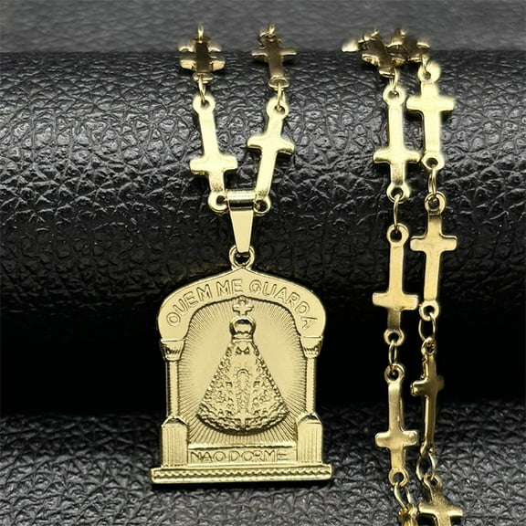 OUEM ME GUARDA Our Lady Of Aparecida Brazil 14K Yellow Gold Necklace for Women Men Golden Color Cross Chain Jewelry