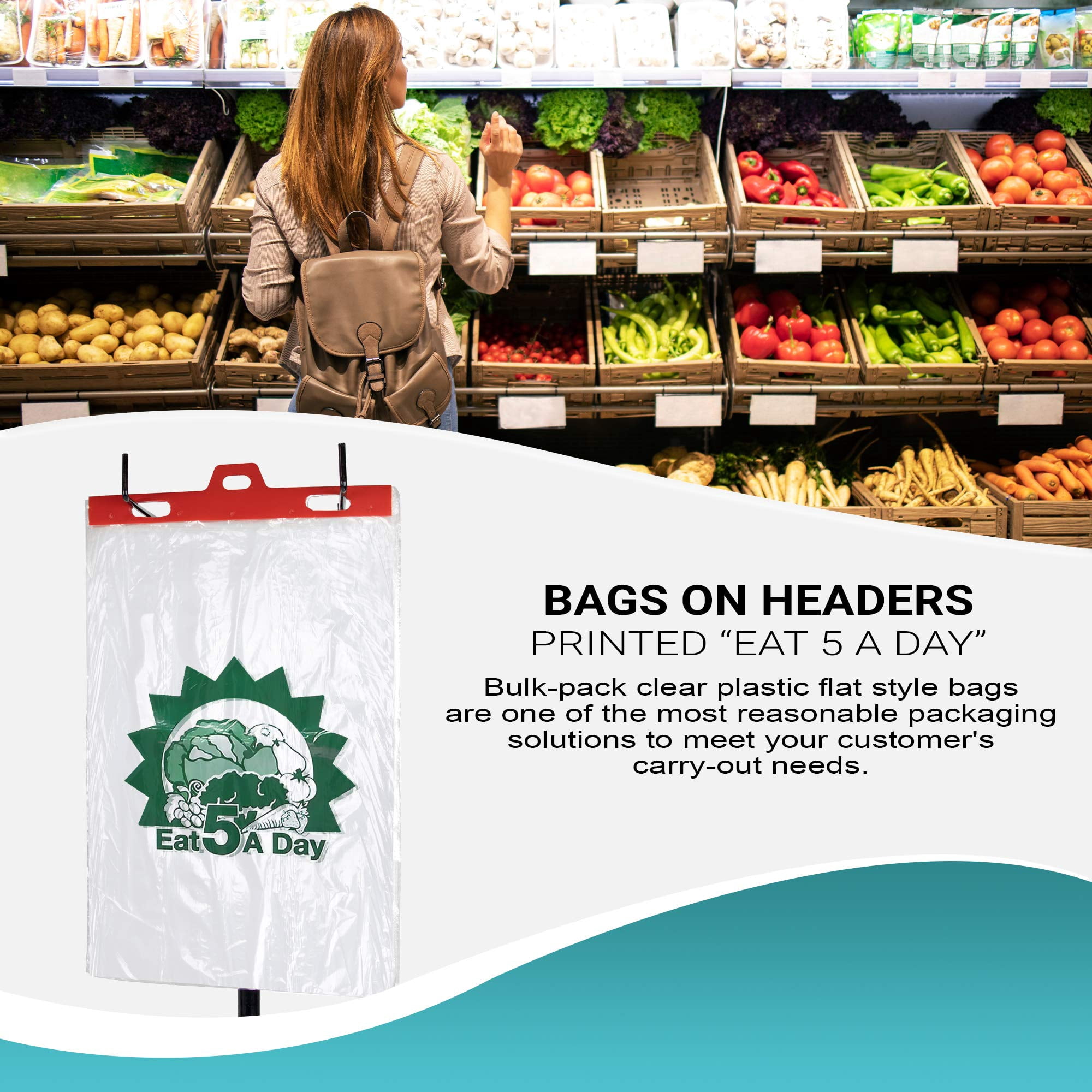 Produce Bags on Headers, 2000 count, 11 x 17 in + 2 in Lip, 0.55 mil LDPE, Clear Printed