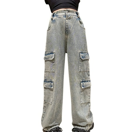 

Usaibhir Girl s Flap Pocket Side High Waist Straight Leg Cargo Long Jeans Denim Pants for 4-5Y