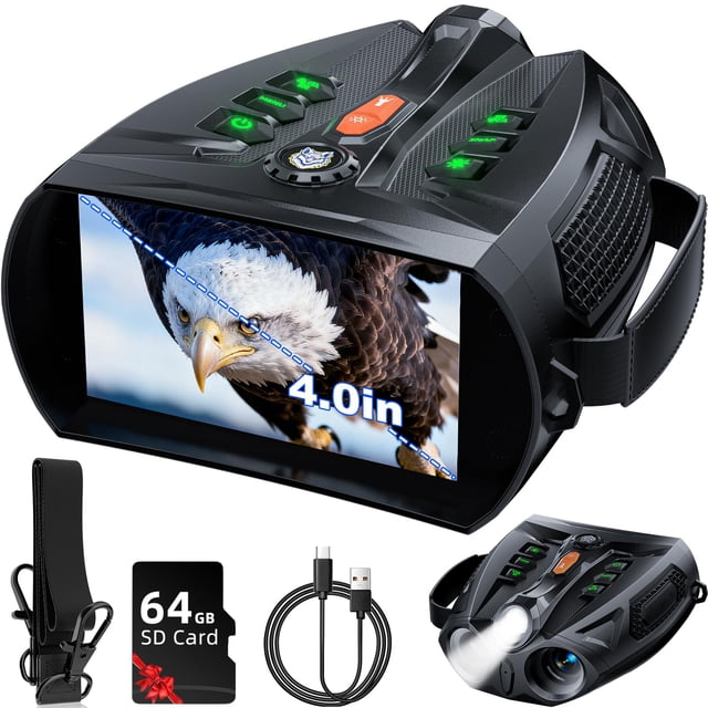 Lunettes de Vision Nocturne 4K, Écran HD 4.0 Pouces Jumelles Vision Nocturne avec Batterie Rechargeable 5000mAh, Carte TF 64 Go pour Photo & Vidéo, Jumelles Infrarouges
