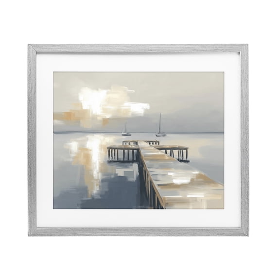 Stupell Industries Pier with Two Boats Seascape Gray Framed Print Under Glass, design by Kim Curinga