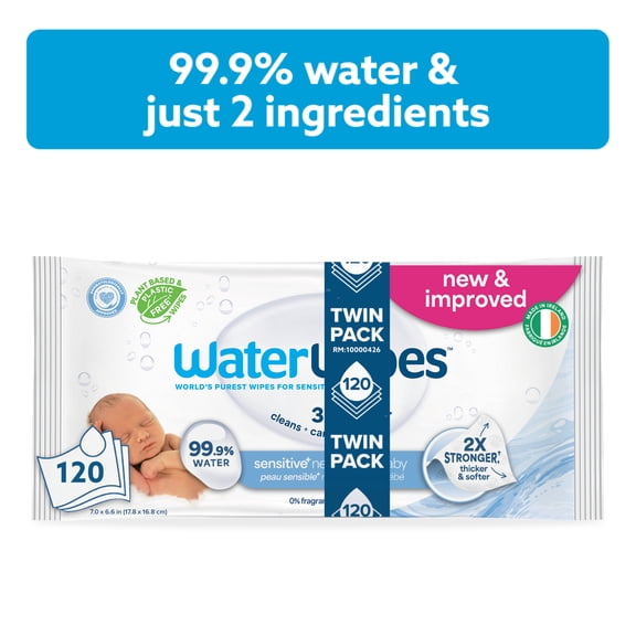 WaterWipes Sensitive+ Newborn & Baby Wipes, 3-In-1 Cleans, Cares, Protects, 99.9% Water, Unscented & Hypoallergenic