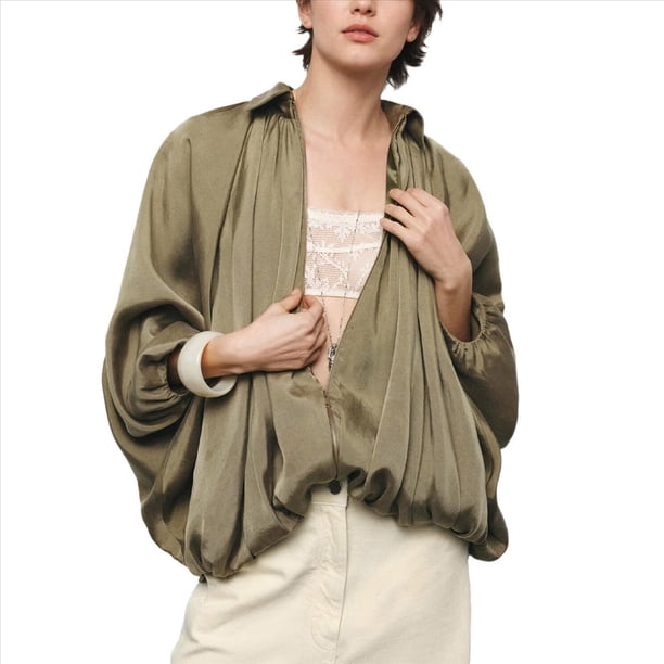 Chaqueta Abullonada para Mujer, Casual, con Mangas de Murciélago, Cuello Solapa, Cremallera, Chaquetas Urbanas Plisadas de Gran Tamaño Verde S