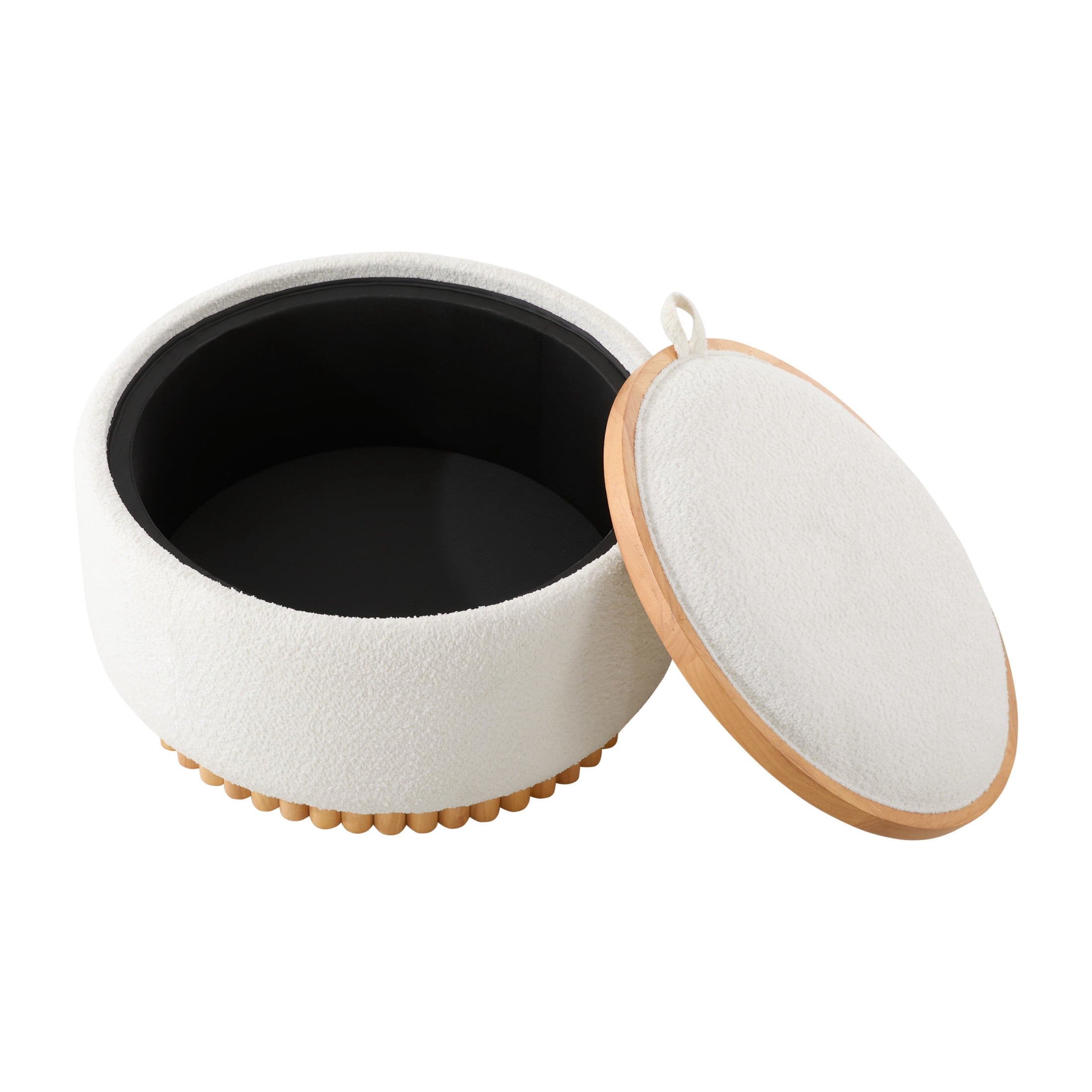 Noble House 29" Round Storage Ottoman with Reversible Wood Tray Lid and Base, Chenille Upholstered Footrest, Beige