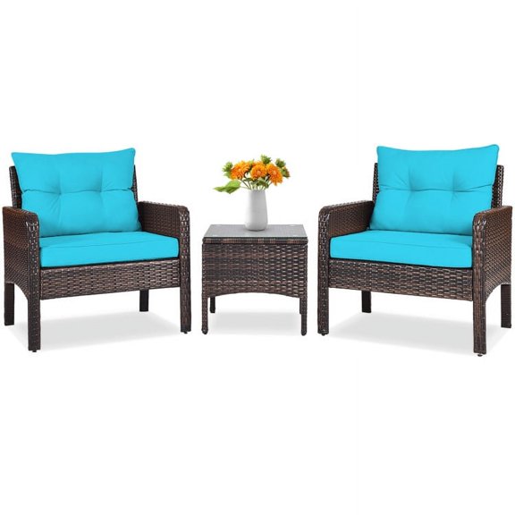 Aimee Lii 3 Pieces Outdoor Rattan Wicker Loveseat Furniture Set with Cushions, Small Patio Set, Turquoise