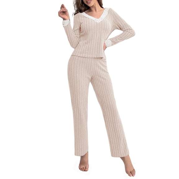 ManxiVoo Ribbed Knit Pajama Set Soft Pullover Top and Relaxed Fit Pants for Women Cozy Loungewear L Size Beige