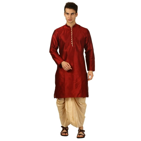 Mens Handmade Art Silk Loop Button Designer Kurta Dhoti Set/Mens Indian Sherwani