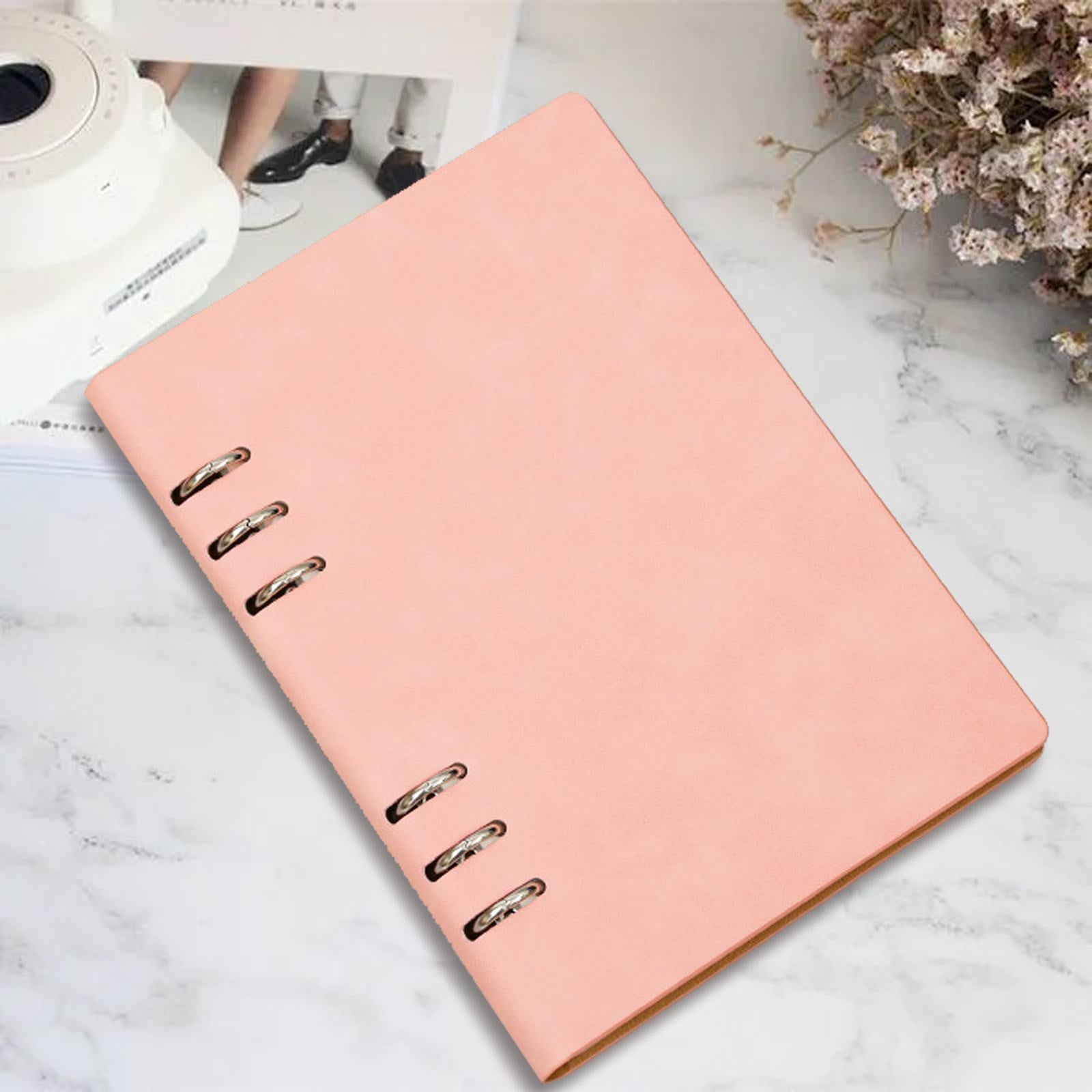 6 Ring Binder Cover, A5 Size Leather Notebook Binder Mini Refillable Loose Leaf Personal Planner with 96Sheets/192Pages Line Paper for Outdoor Travel Diaries, Sketchbooks, 1Pc(Pink,9x6.5")