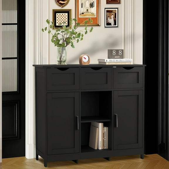 Modern Storage Cabinet Barn Door Buffet Cabinet with 3 Drawers and Adjustable Shelf,for Kitchen/Living Room/Bathroom/Coffee Bar,Black