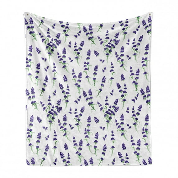 Botanical Soft Flannel Fleece Throw Blanket, Romantic Watercolor Violet Lavender Bouquet on a Plain Backdrop, Cozy Plush for Indoor and Outdoor Use, 60" x 80", Indigo Olive Green, by Ambesonne
