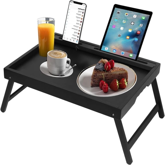 Bed Tray Table with Folding Legs, Bamboo Breakfast Food Tray with Media Slot, Use As Platter, Laptop Desk, Snack, TV Tray Kitchen Serving Tray, Breakfast Trays, Bed Trays