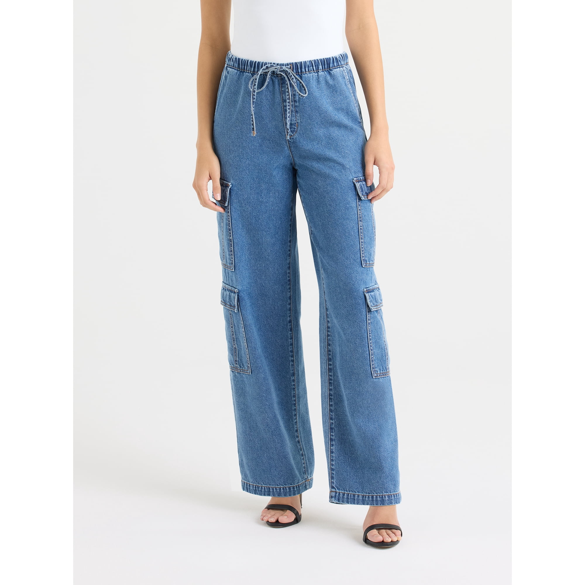 Sofia by Sofia Vergara Women's and Women's Plus Size Diana Mid Rise Relaxed Straight Cargo Jeans, 32.5" Inseam, Sizes 0-26W