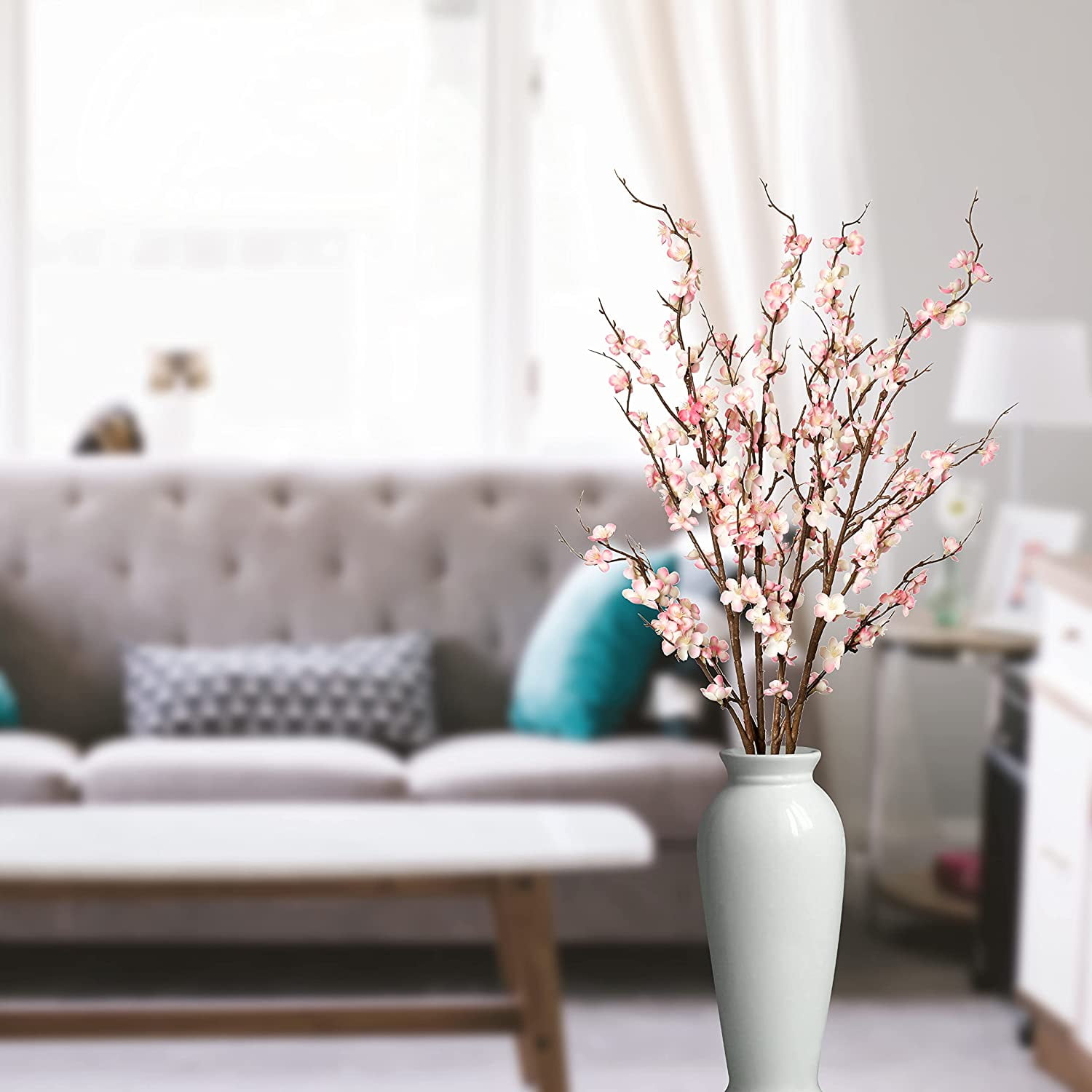 Artificial Plum Blossom Fake Silk Cherry Blossom Branches Flowers,Faux Long Stems Wintersweets Arrangement for Wedding Home Office Bedroom Spring Party Decor(White)