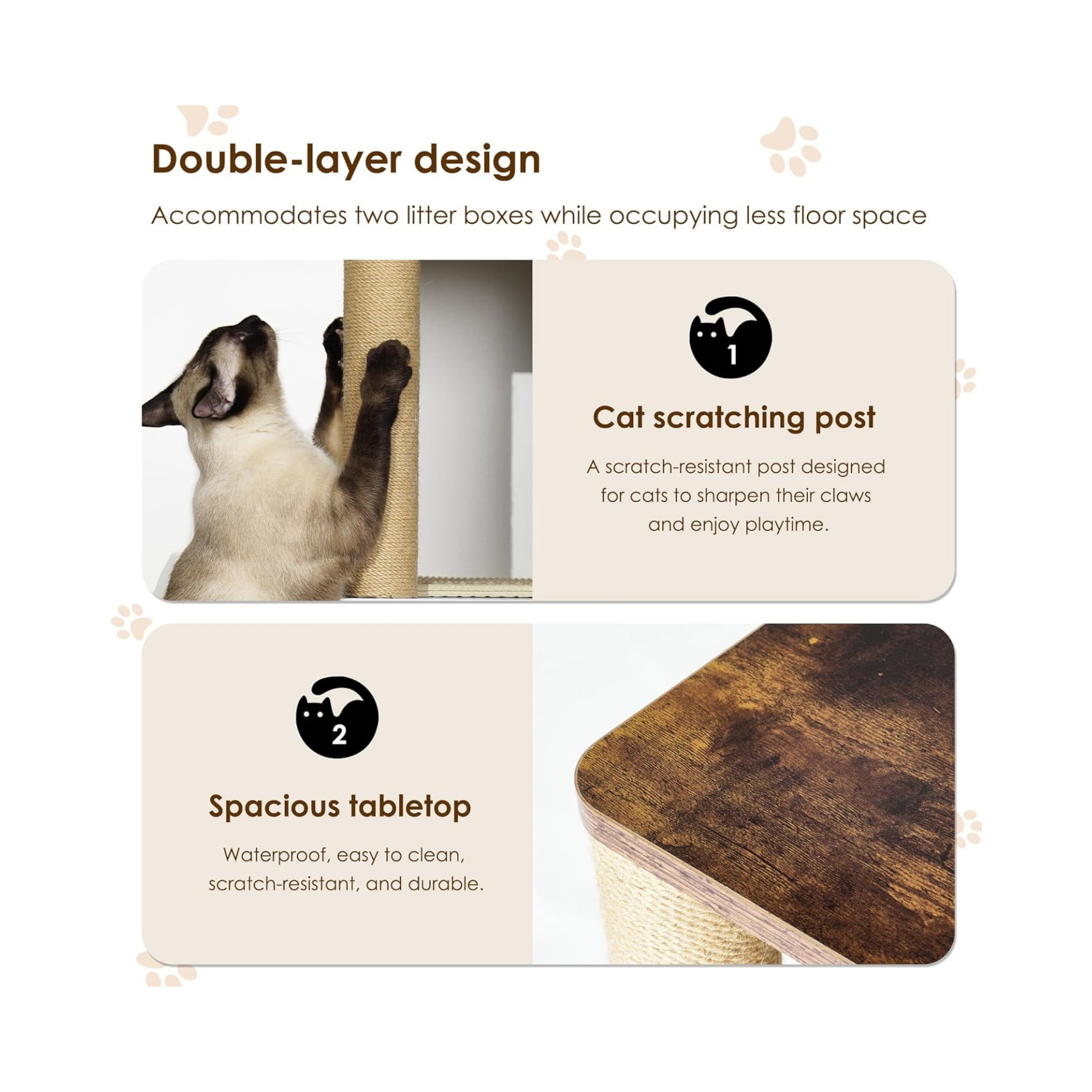 Double Cat Litter Box Enclouse, Litter Box Enclosure for 2 Cats, Cat Litter Cabinet Double Room with Scratch Post and Litter Mat, Fit Most of Litter Boxes