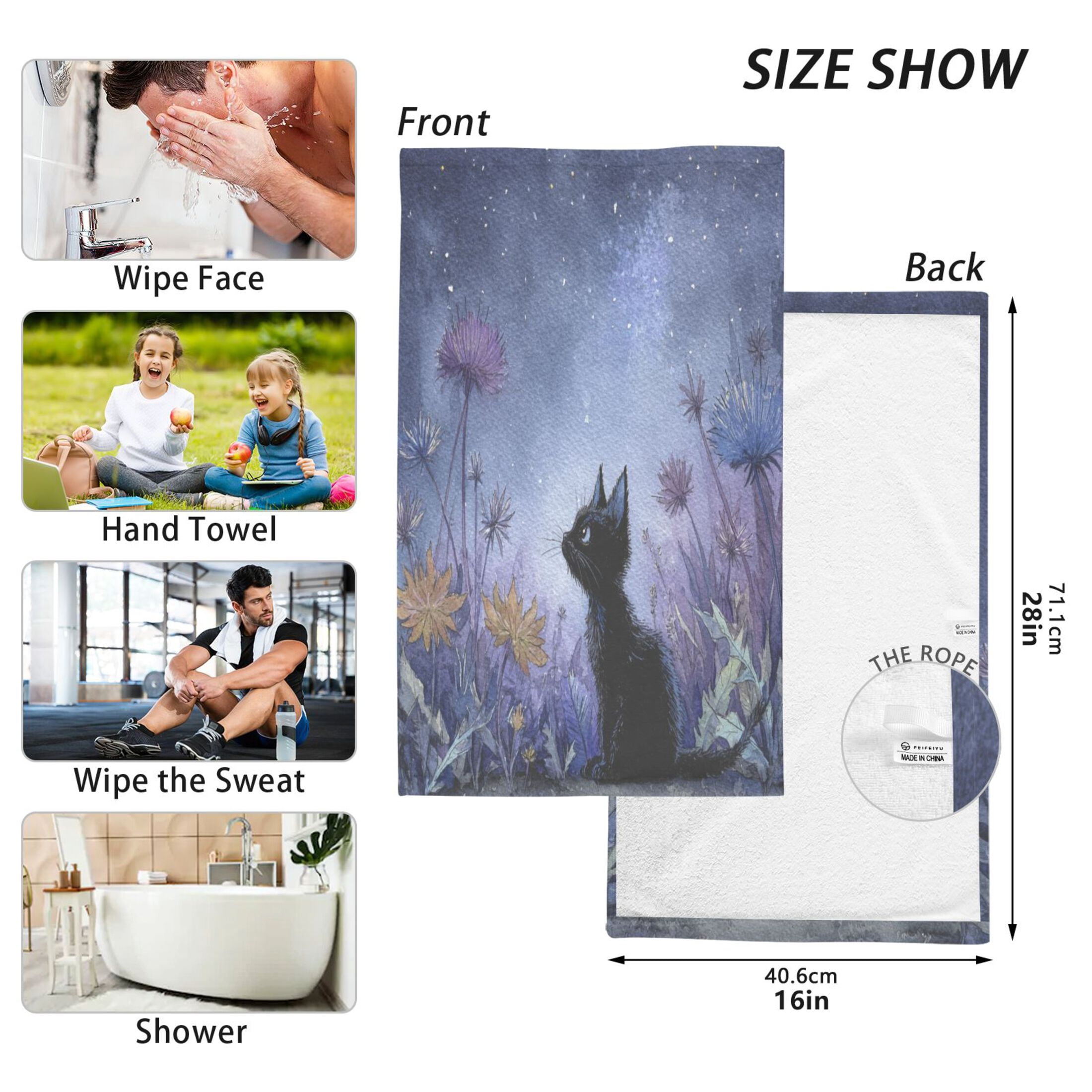 Cotton Towel Two-Piece 16x28 Inch One Sizex2 Face Towel Set Towel Set Cotton Hand Bath Towel Bathroom Beach Watercolor Black Cat