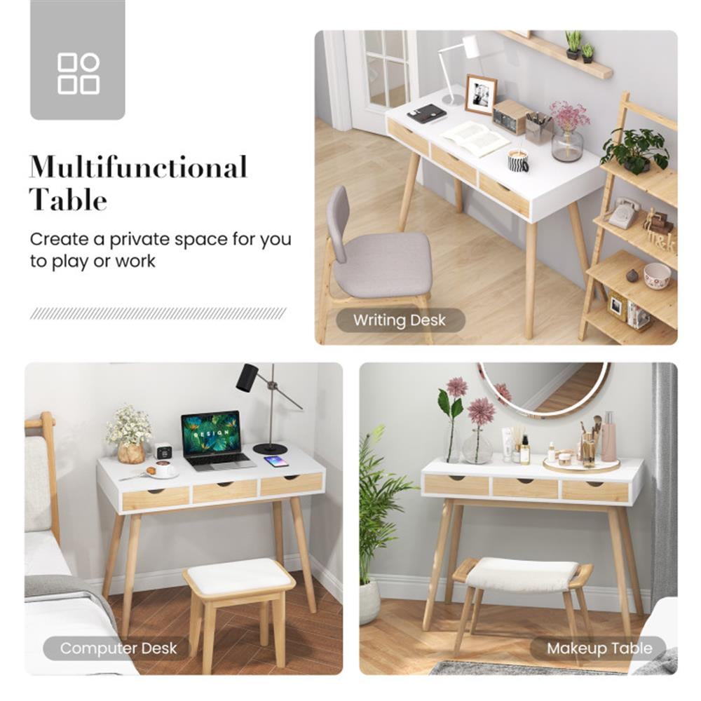 Demi Bonn Computer Desk with 3 Drawers and Solid Rubber Wood Legs for Home Office Desk Study Writing Table, White