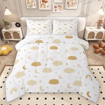 Homewish Dreamy Cloud Rainbow Queen Comforter Set, Mystic Moon Stars Bedding Sets, White Gold Cartoon Reversible Bedding Comforter Set, Breathable Home Decor, 3pcs