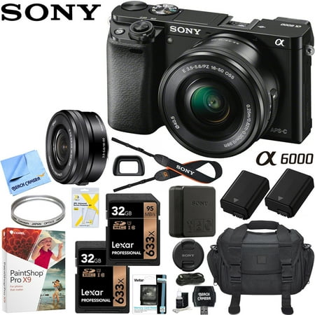 Sony Alpha a6000 Mirrorless Digital Camera 24.3MP SLR (Black) w/ 16-50mm Lens ILCE-6000L/B with Extra Battery Case + 2x Lexar Professional 633x 32GB SDHC/SDXC UHS-I Card