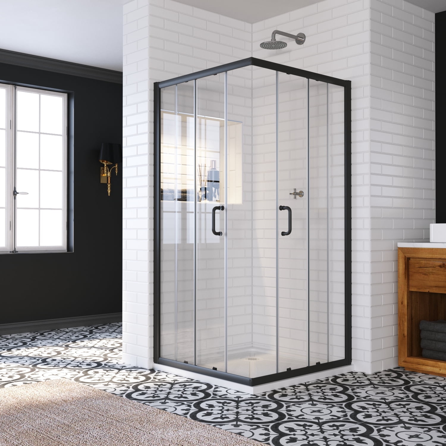 Sunny Shower Corner Entry Sliding Shower Door 36 in.D x 36 in. W x 72 in. H in Black Shower Enclosure