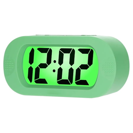 Large Digital LCD Alarm Clock with Snooze, Night Light and ive Silicone Cover, easily to Read Display for Bedroom Office or Travel, USB or Battery Powered, White(green)