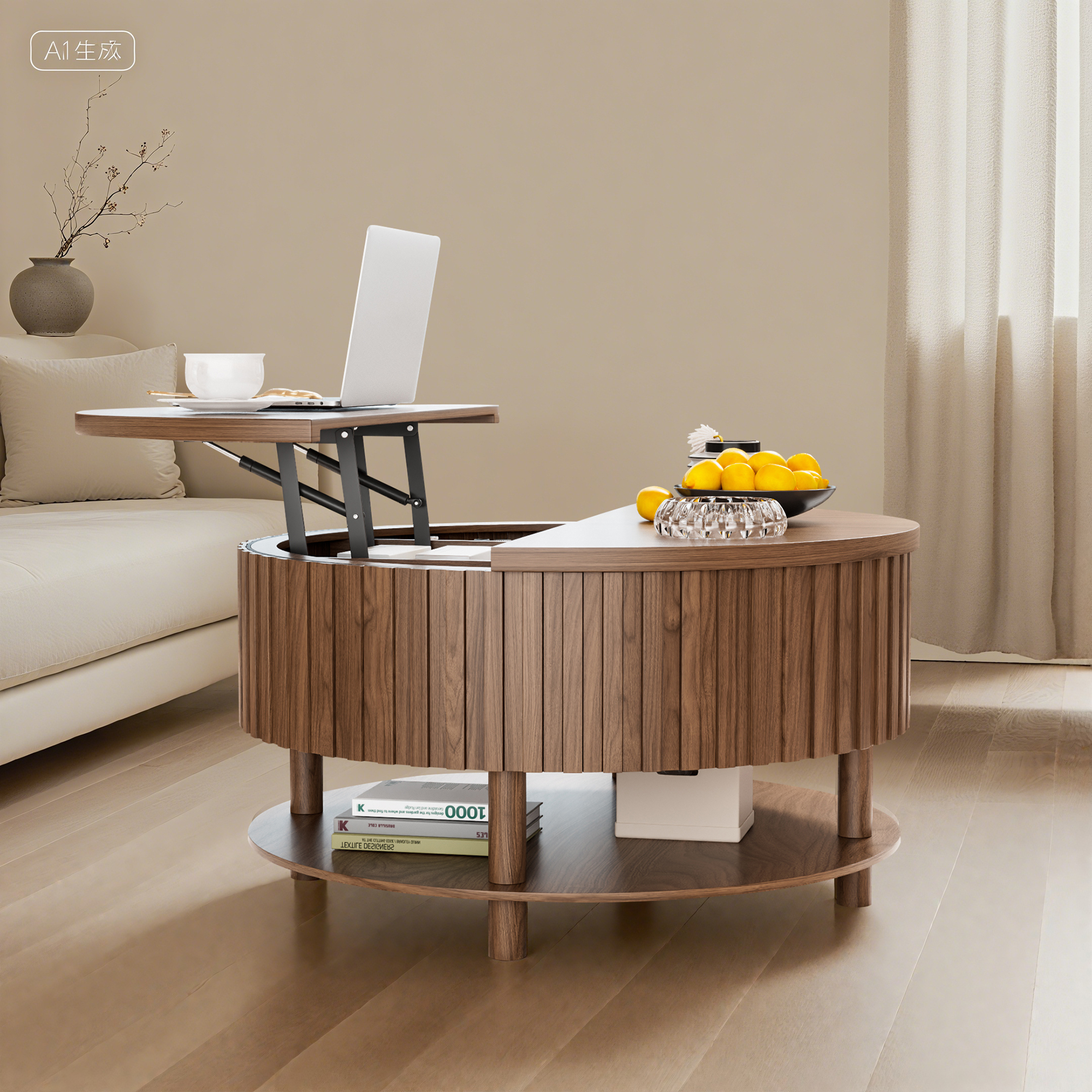 Round Lift Top Coffee Table with Storage, 2-Tier Center Table with Hidden Compartment, Circle Coffee Table with Open Shelf for Living Room, Walnut
