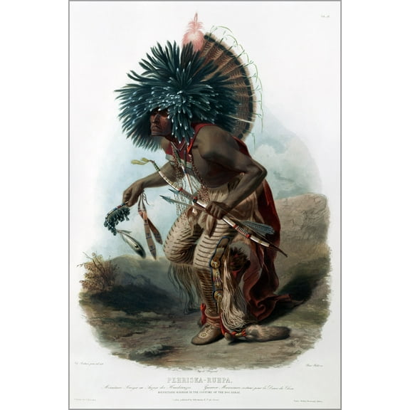 24"x36" Gallery Poster, Moenitarri warrior in the costume of the dog dance 1840-1843