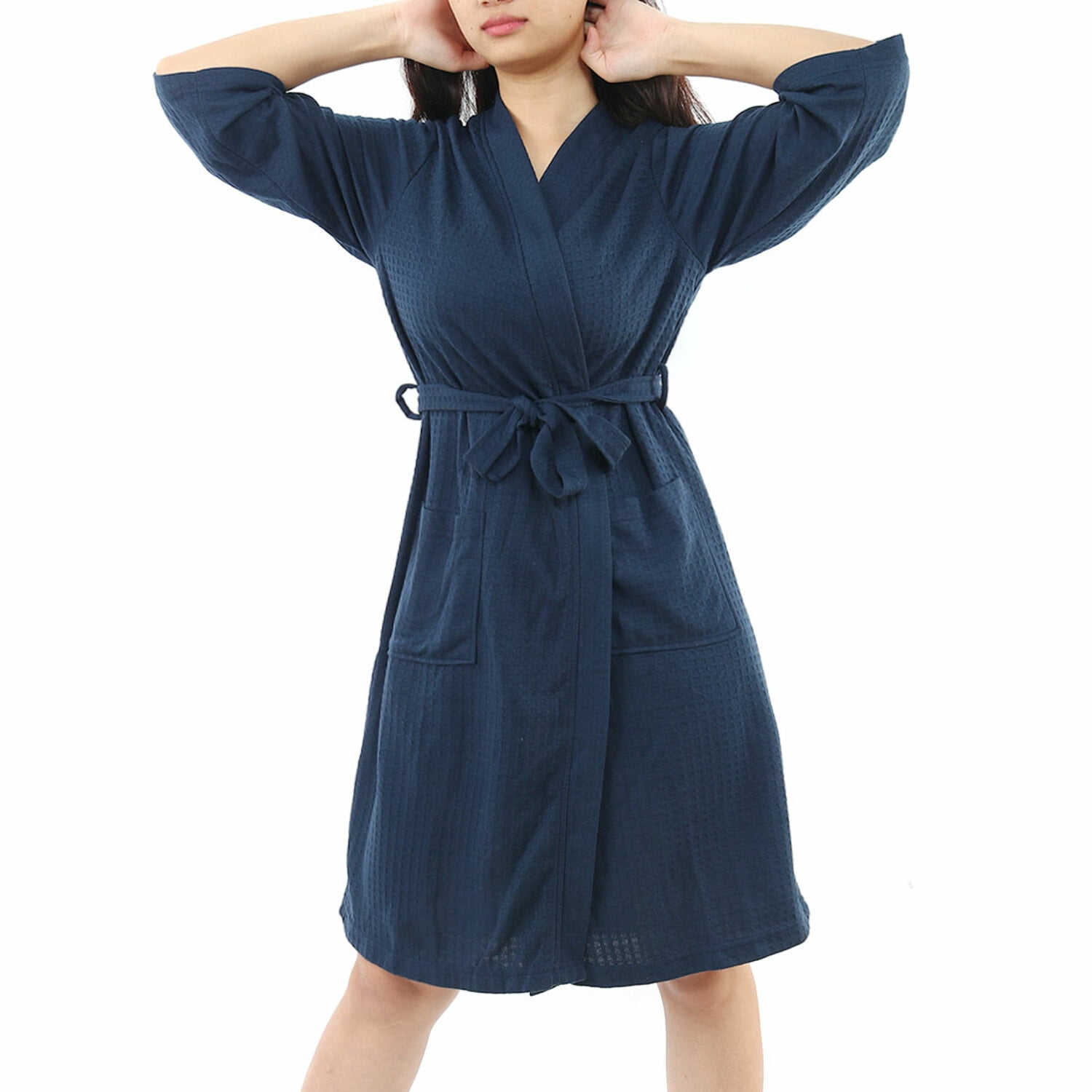 Unique Bargains Women's Bathrode Knee Length Knit Waffle Spa Robe XL Navy Blue