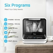 Midea Portable Countertop Dishwasher, 5-Liter Tank, 6 Wash Program, Sanitize, See-Thru Window, White
