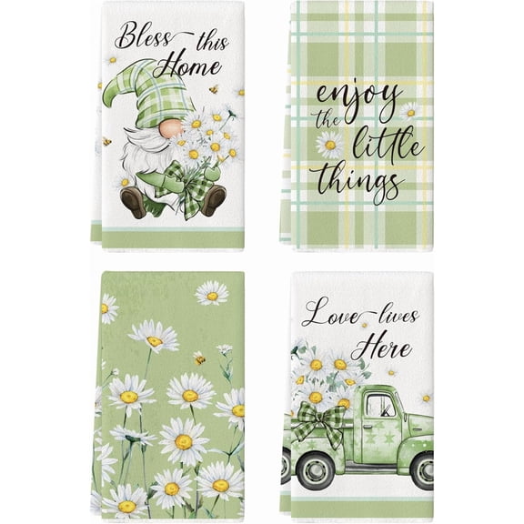 4 Pcs Spring Daisy Flower Kitchen Towels, 27.5x20 Inch Watercolor Floral Decorative Kitchen Hand Towels, Summer Absorbent Dishcloth Fast Drying for Cooking (Daisy)