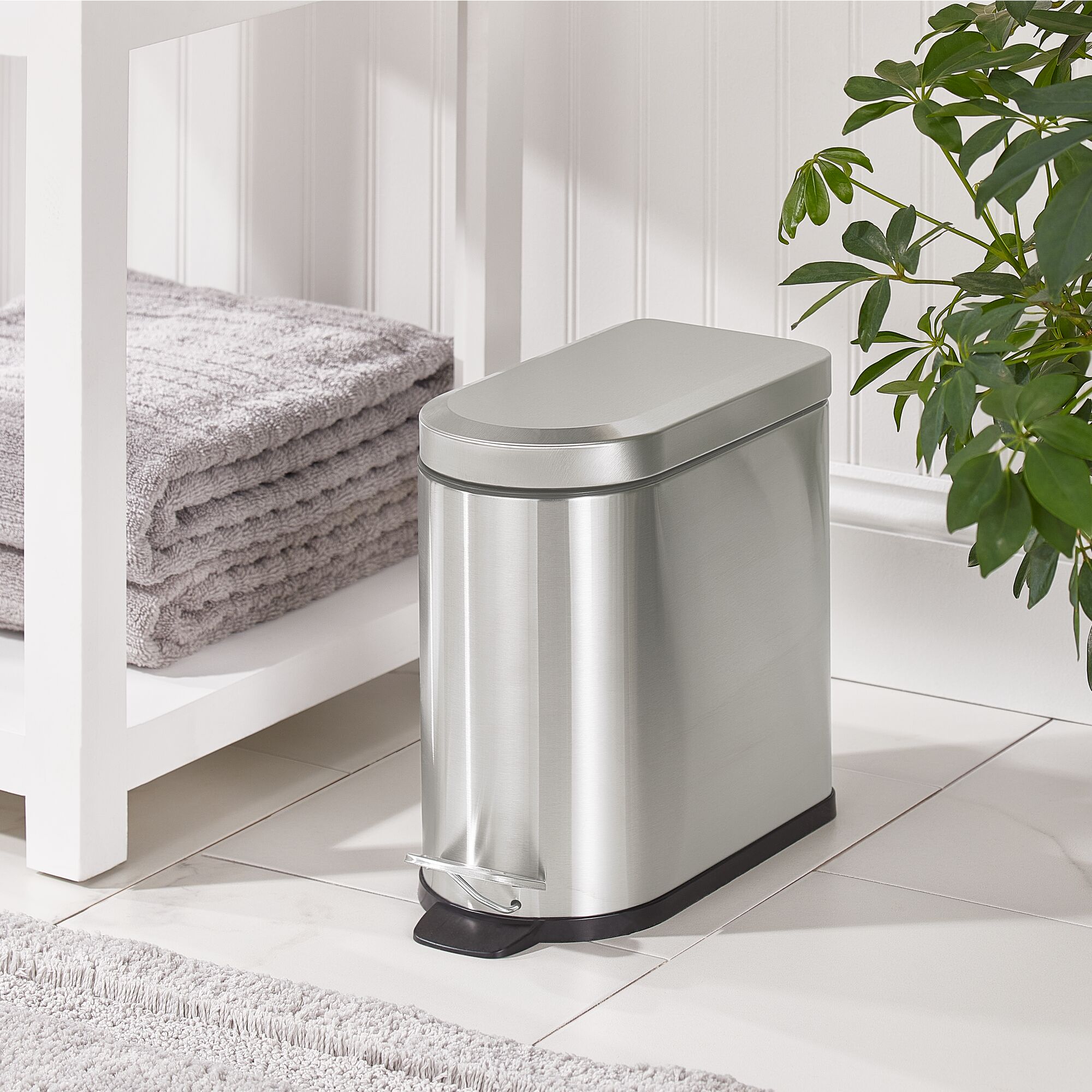 mDesign  1.3 Gallon Bathroom D-Shape Metal Step Trash Can, Brushed/Chrome