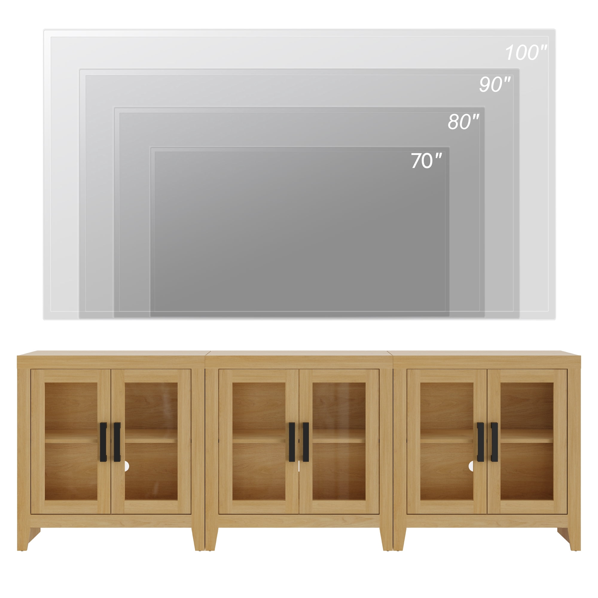 WAMPAT Modern Farmhouse TV Stand up to 100"TV, Entertainment Center with Tempered Glass Doors & Adjustable Shelves, Oak