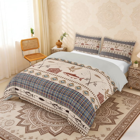 Erosebridal Hunting and Fishing Duvet Cover Set, Pike Fish Mallard Duck Bedding Full, Blue Brown Lodge Cabin Decor, Gray Reversible 3-Piece, 1 Duvet Cover and 2 Pillowcases (No Comforter)