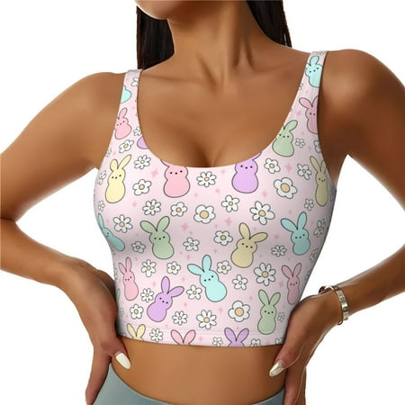 Jgfou Colorful Bunny Print Womens Sports Bra - Padded Workout Sports Bras Crop Tank Top