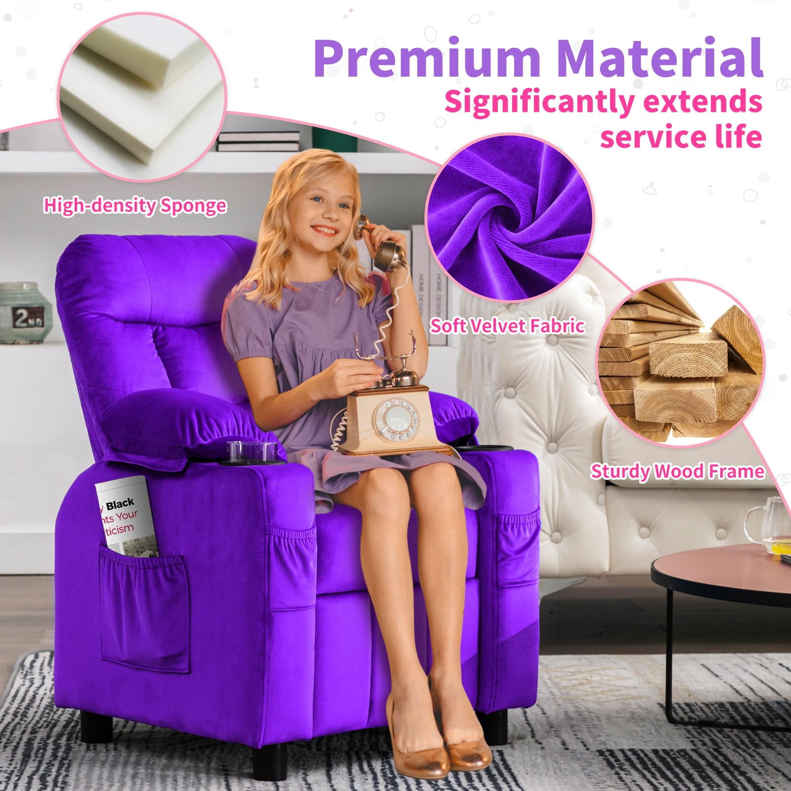 Linor Kids Recliner Chair, Adjustable Velvet Lounge with Cup Holder, Footrest, Side Pockets, Purple