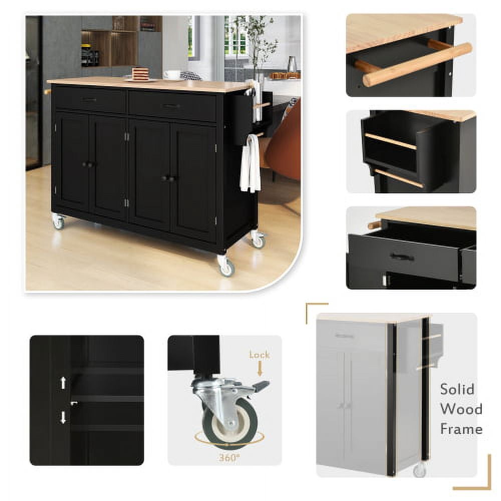 AVAXA 54.3 Inch Width Kitchen Island Cart with Solid Wood Top and Locking Wheels, 4 Door Cabinet and Two Drawers, Spice Rack, Towel Rack, Black