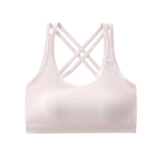 Lumtrix Girls Training Bra Scoop Neck Seamless Stretchy Back Crisscross Ribbed Crop Undershirt Fitness Yoga Sports Dance Bras Pink One Size