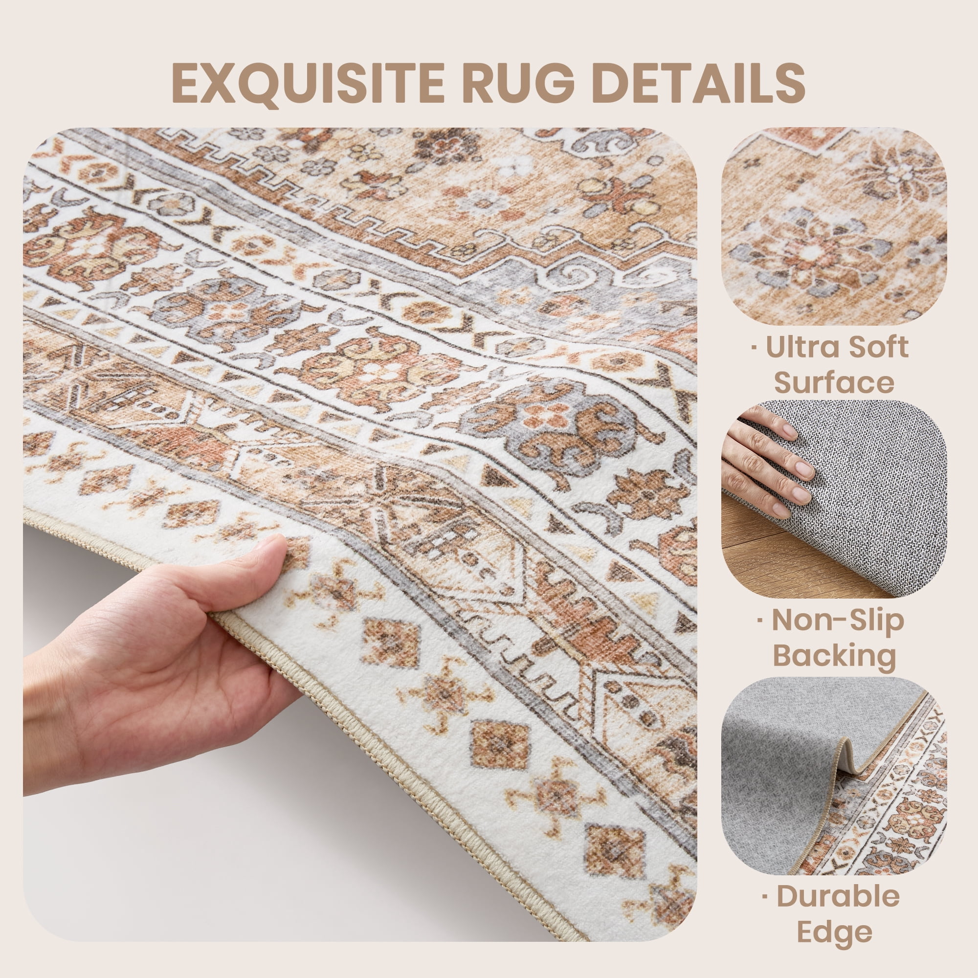 Roxstand Washable Area Rugs 3x5, Stain Resistant Lightweight Vintage Rugs for Living Room, Non Skid Farmhouse Bedroom Rugs(3'x5', Vintage03-Orange)
